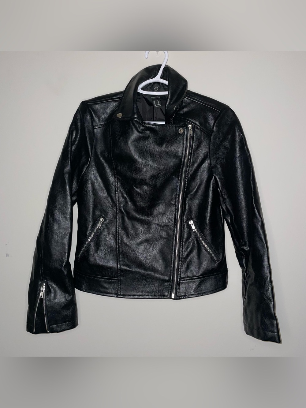 Forever 21 Black Faux Leather S Pocket Silver Metal Embellishment Zip Up Jacket